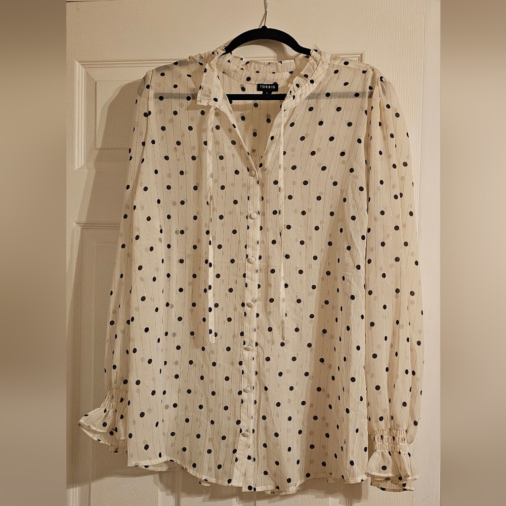 (2 for$60) Crinkle chiffon button-up, mock neck blouse, Shiney gold striped,